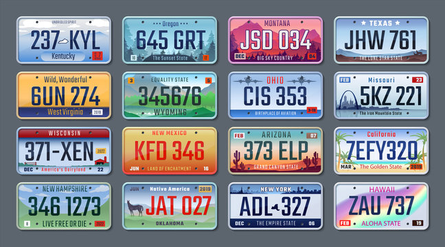 Car plates. Vehicle license numbers of different American states and countries, truck registration numbers. Vector set road transport metal signs