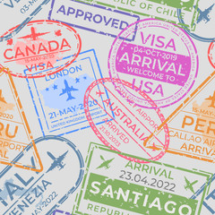 Passport stamps pattern. Seamless page with airport arrival and departure stamps, travel and immigration elements. Vector texture international patterns stamps city travelling with jet illustration