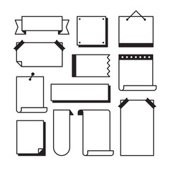 Paper page doodle set in line art sketch style - pieces of blank note book sheets with sticky tape and other stationery isolated on white background, vector illustration