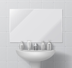 Realistic sink and mirror. Bathroom or toilet interior with set of cosmetic containers and dispenser. Vector white ceramic on floor and walls, sink and faucet illustrations on interiors washroom