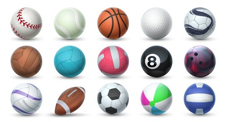 Realistic sport balls. 3D equipment for football, soccer, baseball, golf and tennis. Vector set illustration of balls for professional sport activities and games isolated on white background © SpicyTruffel