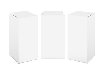 Paper boxes. White cardboard package mockup, realistic 3D rectangular medicine and food pack. Vector set illustration cubic tall blank mock up of product containers