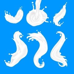 Milk wave. White yogurt and cream splash flows, realistic 3D liquid milk crown shapes, healthy food. Vector milk drops and crowns illustration with element drop splatter on blue background