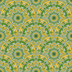 Seamless ornamental oriental pattern. Repeating geometric tiles with mandala. Vector laced decorative background with floral and geometric ornament. Indian or Arabic motive. Boho festival style