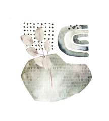 Geometric poster with watercolor, gold,  marble elements and leaves on white background. Abstraction nordic geometrical print. Scandinavian style. Abstract contemporary modern trendy illustration. Mix