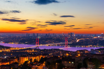 Fototapeta na wymiar Evening Bosphorus Bridge, view from the Camlica Hill, Istanbul, Turkey