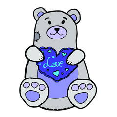 Cute blue bear toy with heart . Hand-drawn vector stock illustration of teddy bear. Isolated on white background. Design for Valentines day. Outline. Doodle. Cartoon. Kids illustration. Trendy. Flat