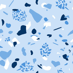 Seamless terrazzo pattern in trendy classic blue color 2020. Stone granite texture. Modern abstract graphic rock square backdrop. Indigo marble chaotic decor for textile, paper print, wallpaper design