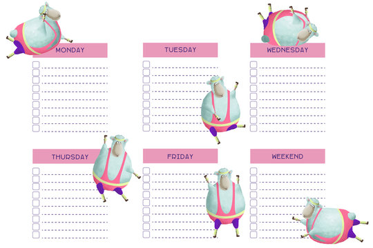 Weekly soprt planner. Aerobic in 80th style. Cute funny sheep posing in retro sport dress on white background