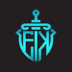 EK Logo monogram with sword and shield combination isolated blue colors gradient