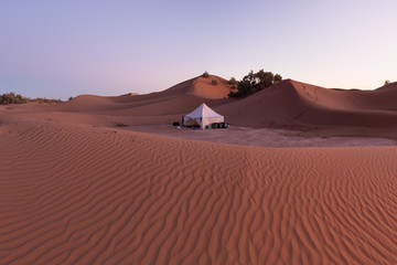 Fototapeta na wymiar Camp with tent in the desert among sandy dunes. Sunny day in the Sahara during a sand storm in Morocco Picturesque background nature concept