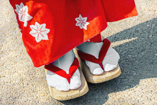 Wooden Japanese geisha clogs, traditional geisha shoes in Japan