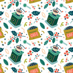 Seamless vector pattern for coffee shop, colorful vector background made of illustrations of manual coffee grinder and bag full of fresh beans, decorative backdrop with coffee leaves and berries.