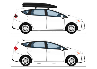 Modern station wagon. Side view of white station wagon with and without roof box. Flat vector.