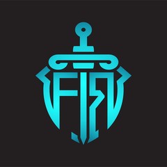 FR Logo monogram with sword and shield combination isolated blue colors gradient