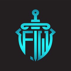 FW Logo monogram with sword and shield combination isolated blue colors gradient