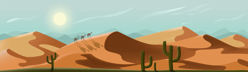 Desert landscape. Sunny nature panorama with camels. Bright summer day among endless sand dunes. Environment with no people. Cacti in the foreground. Vector peaceful banner © Alisa