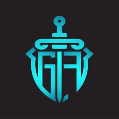 GF Logo monogram with sword and shield combination isolated blue colors gradient