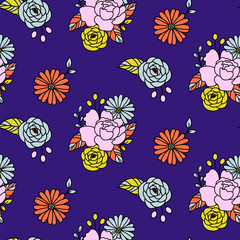 Vector floral pattern in hand drawn style with flowers and petals. Flower repeat background.