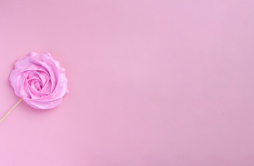 Rose candy on a wooden stick on a pink background. Panorama. Banner. Valentine, Mom's Day.