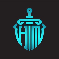 HM Logo monogram with sword and shield combination isolated blue colors gradient