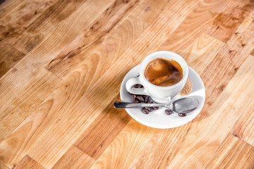 Filiżanka kawa espresso blat drewniany coffee cup - obrazy, fototapety, plakaty
