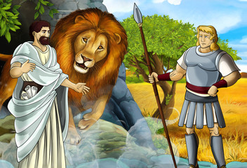 Obraz premium cartoon scene with greek or roman warrior or philosopher fighting nemean lion - illustration for children