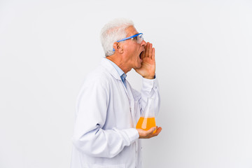 Mature chemical man isolated shouting and holding palm near opened mouth.
