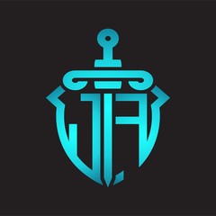 JF Logo monogram with sword and shield combination isolated blue colors gradient