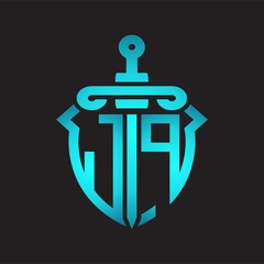 JP Logo monogram with sword and shield combination isolated blue colors gradient