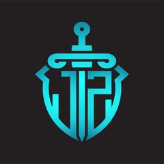 JZ Logo monogram with sword and shield combination isolated blue colors gradient