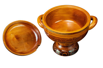 Traditional Thai wooden bowl in isolated white background with clipping path.