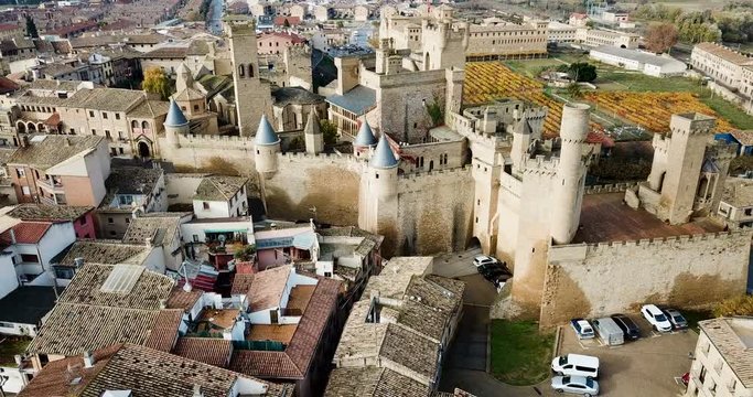 Aerial view of impressive medieval Royal Palace of Olite in autumn day, Navarre, Spain