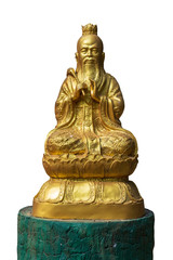Laozi or Taishang Laojun sculpture in isolated white background with the clipping path. Laozi is an ancient Chinese philosopher and writer. He is the founder of philosophical Taoism.