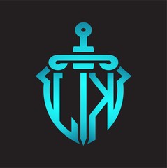 LK Logo monogram with sword and shield combination isolated blue colors gradient