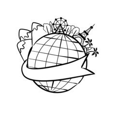 Hand-drawn vector labels with globe. Earth wrapped in tape. Ribbons for text. Vector illustration for global design. Logo with globe for travel.