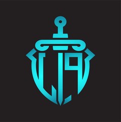 LP Logo monogram with sword and shield combination isolated blue colors gradient