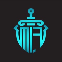 MF Logo monogram with sword and shield combination isolated blue colors gradient