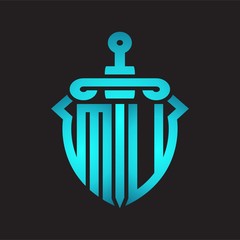 MU Logo monogram with sword and shield combination isolated blue colors gradient