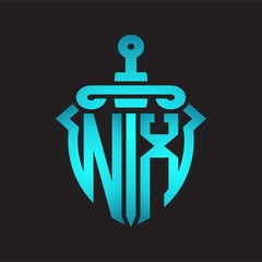 NX Logo monogram with sword and shield combination isolated blue colors gradient