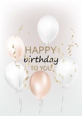 Happy birthday greeting card with colorful birthday balloons on pink background