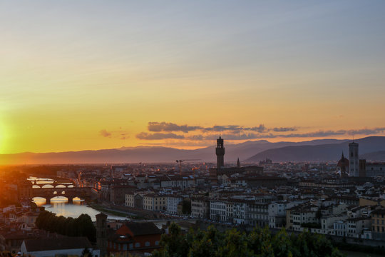 Panoramic view from Piazzale Michelangelo in Florence. Sunset over river Arno in Florence, Italy. © Bela