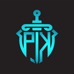PK Logo monogram with sword and shield combination isolated blue colors gradient