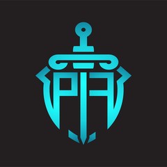 PF Logo monogram with sword and shield combination isolated blue colors gradient