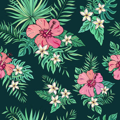 Tropic seamless pattern with hibiscus, plumeria and tropical leaves.Summer decoration print for wrapping, wallpaper, fabric. Seamless vector texture. Tropical bouquet flowers.