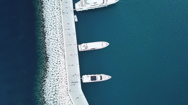 Aerial top down view of boats moored at Limassol New Marina, Cyprus