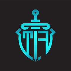 TF Logo monogram with sword and shield combination isolated blue colors gradient