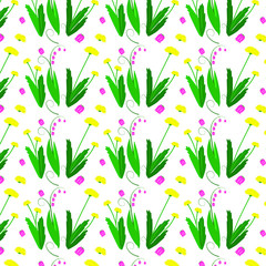 Pattern of dandelion flowers and spring bluebell flowers. For printing on fabric.