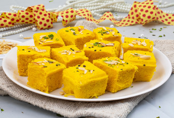 Indian Special Traditional Sweet Food Soan Papdi Also Know as Son Roll, Soam Papdi, Patisa, Shonpapdi is a popular Indian Dessert