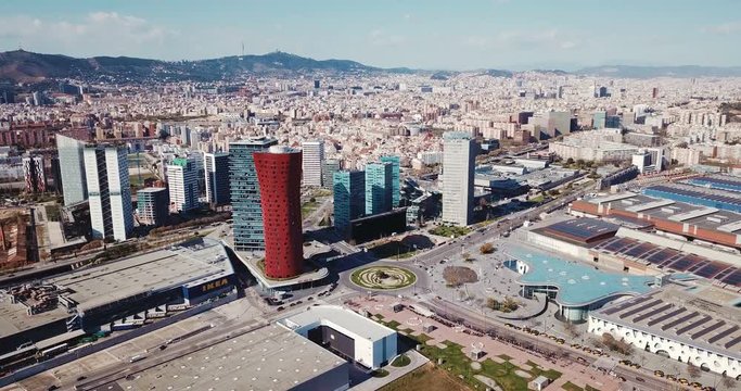 Panoramic aerial view of business district of Gran Via and Placa d Europa with modern skyscrapers 
